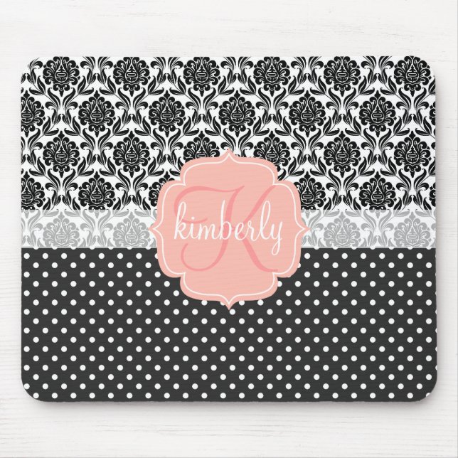 Elegantes schwarzes u. weißes Damast-Rosa-Girly Mousepad (Vorne)