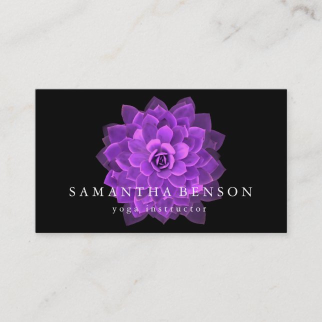 Elegantes schwarzes u. weißes lila Lotos-Logo-Yoga Visitenkarte (Vorderseite)