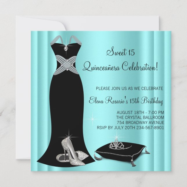 Elegantes Schwarzes und Aquamarines Blaues Quincea Einladung (Vorderseite)