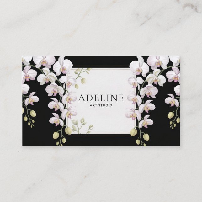 Elegantes Schwarzes und Gold, Orchideen Visitenkarte (Vorderseite)
