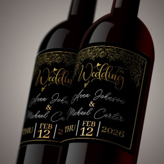 Elegantes schwarzes und goldenes Hochzeitsgeschenk Weinetikett