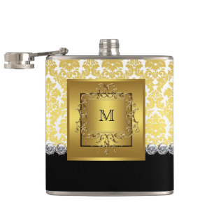 Elegantes schwarzes und goldenes Monogramm Flachmann