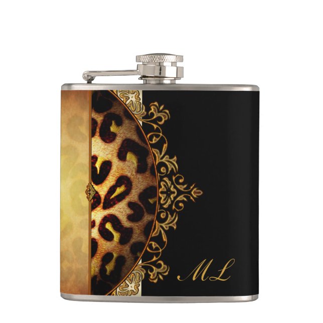Elegantes schwarzes und goldenes Monogramm Leopard Flachmann (Vorderseite)