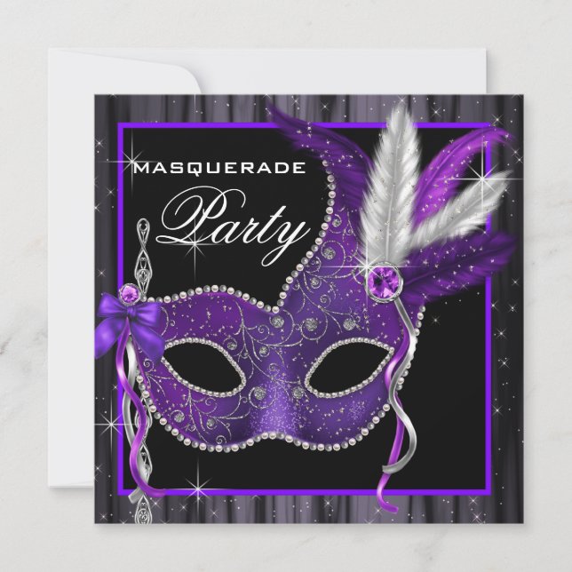 Elegantes Schwarzes und Lila Masquerade Party Einladung (Vorderseite)