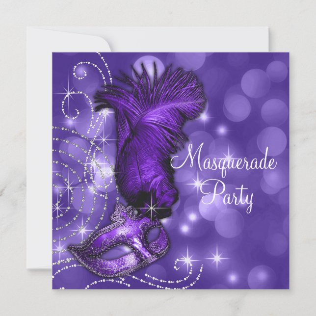 Elegantes Schwarzes und Lila Masquerade Party Einladung (Vorderseite)