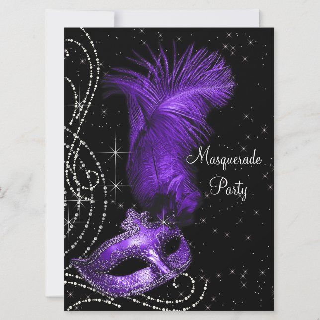Elegantes Schwarzes und Lila Masquerade Party Einladung (Vorderseite)