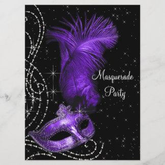 Elegantes Schwarzes und Lila Masquerade Party Einladung