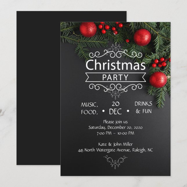 Elegantes Schwarzes und Rotes Weihnachtsfest-Party Einladung (Vorne/Hinten)