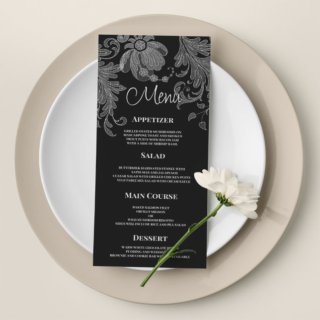 Elegantes schwarzes und weißes Blumen-Spitzen-Hoch Programm (Elegant black and white floral lace Wedding Menu)