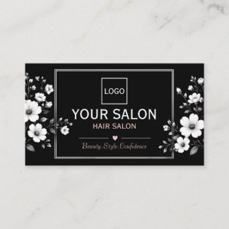 Elegantes schwarzes und weißes florales Friseursal Visitenkarte
