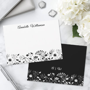 Elegantes schwarzes und weißes florales Monogramm Mitteilungskarte