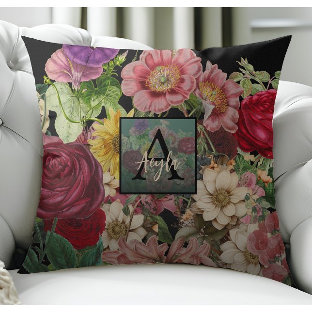Elegantes Schwarzes Vintages Botanisches Floral Mo Kissen (Von Creator hochgeladen)