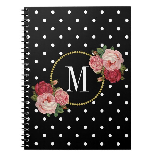 Elegantes Schwarzes Vintages Rose Blume Dots Monog Notizblock (Vorderseite)