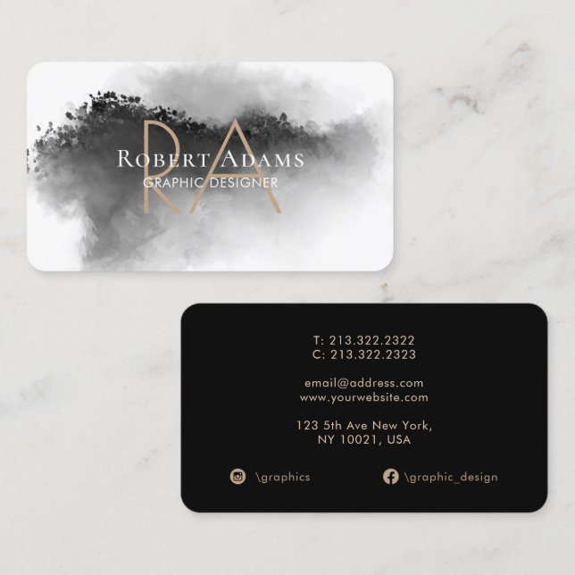 Elegantes Schwarzes Wasser Abstrakt Mit Monogramm Visitenkarte (Vorne/Hinten)