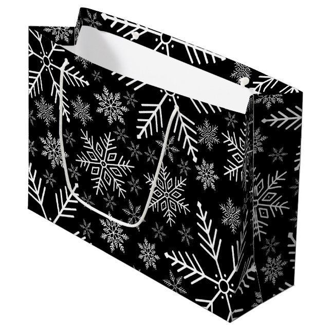 Elegantes Schwarzes Wasser Weißer Winter Schneeflo Große Geschenktüte (Vorderseite Schrägansicht)