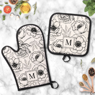 Elegantes schwarzes weißes florales Monogramm Ofenhandschuh & Topflappen-Set