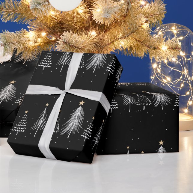 Elegantes Schwarzes Winter Weihnachts Pine Trees M Geschenkpapier (Feiertage)