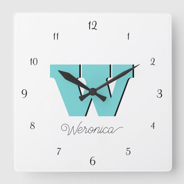 Elegantes Schwarzes Zahlenmaterial und Aquamarines Quadratische Wanduhr (Vorderseite)