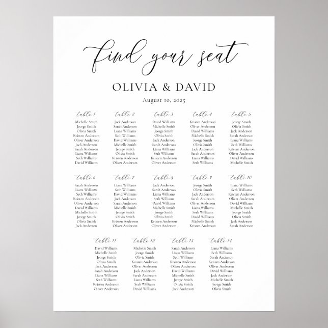 Elegantes Script 14 Table Seating Chart Poster (Vorne)