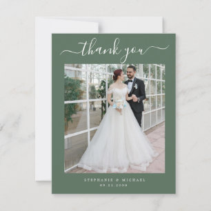 Elegantes Script 2 Foto Wedding Sage Green Dankeskarte