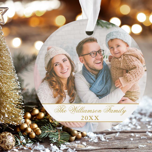 Elegantes Script 2 Sided Foto Weihnachten Gold Ornament (Customize with your name, year and photos.)