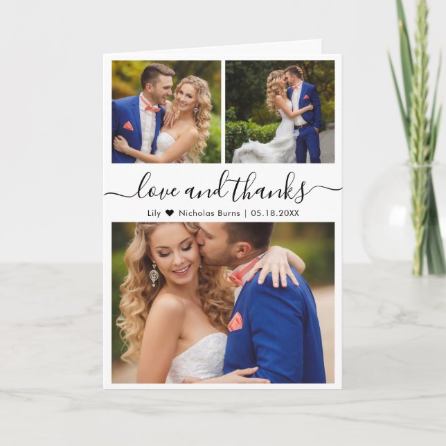 Elegantes Script 3 Foto Collage Heart Wedding Dankeskarte (Vorderseite)