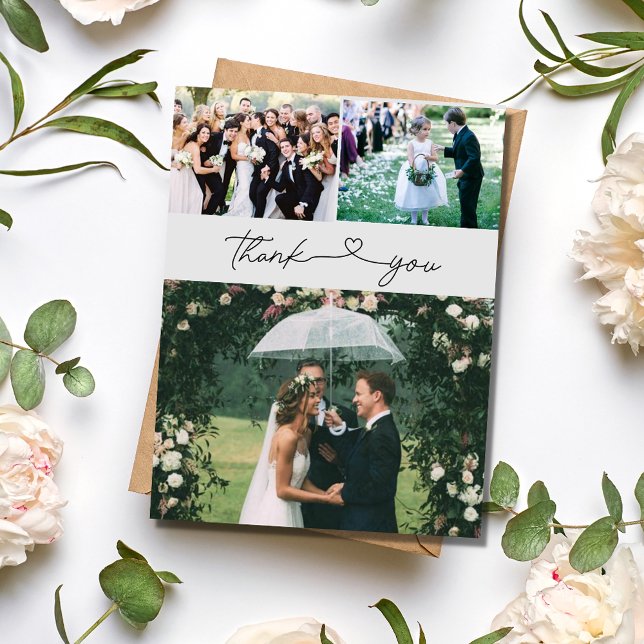 Elegantes Script 3 Foto Hochzeit Vielen Dank Postkarte (Elegant Script 3 Photo Wedding Thank You Postcard)
