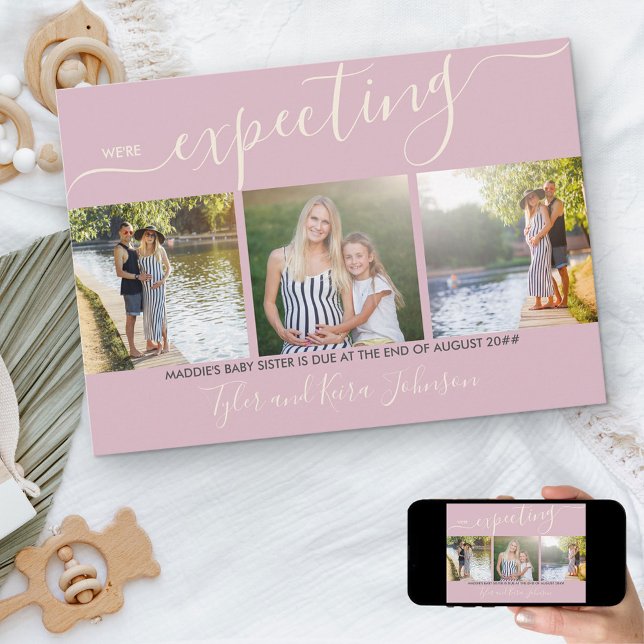 Elegantes Script 3 Square Foto Baby Girl Pregnancy Ankündigung (Von Creator hochgeladen)