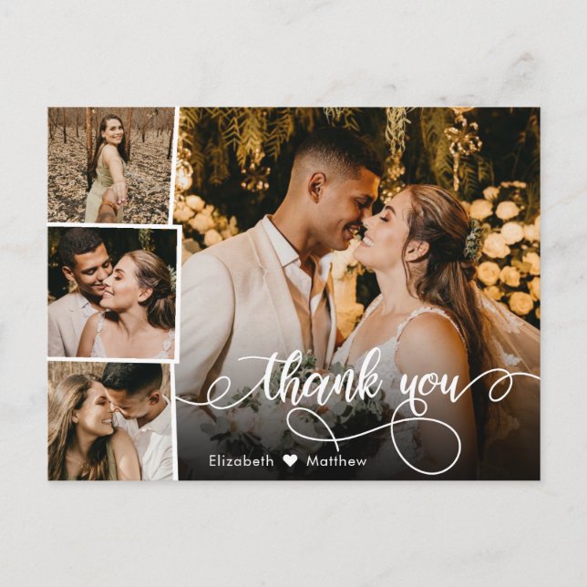 Elegantes Script 4 Foto Collage Wedding Vielen Dan Postkarte (Vorderseite)