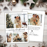 Elegantes Script 4 Foto Collage Weihnachten<br><div class="desc">Minimalistische, elegante Kalligraphie 4 Foto Collage Frohe Weihnachts-Script-Karte in Schwarz und Weiß. Diese festliche, einfache vier (4) Foto-Urlaubskarte Vorlage hat eine schöne Grid-Foto-Collage und sagt "Frohe Weihnachten"! Der "Frohe Weihnachten"-Grußtext ist in einem schönen handgeschriebenen Wirblen Swash-Schwanz Schriftart-Typ geschrieben. Auf der Rückseite mit Ihrer Grußbotschaft-Vorlage mit einer kleinen niedlichen, hübschen Herzdoodle...</div>