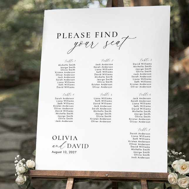 Elegantes Script 7 Tisch Seating Chart Foam Board Poster (Wedding seating chart for 7 tables)