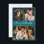 Elegantes Script Aquamarine Fotocollage Vielen Dan Dankeskarte<br><div class="desc">Elegante, moderne handgeschriebene Hochzeit 3 Foto Collage Dankeschön Karte in Aquamariner Farbe. Stilvolle Hochzeit dank Karte Vorlage mit drei Foto auf der Vorderseite und ein Foto auf der Rückseite. Mit dem Text "Liebe und Dank" in einer Wirblen Hand geschrieben Typografie Skript Schriftart in Weiß auf aquamarin grünem Hintergrund. Personalisieren Sie...</div>