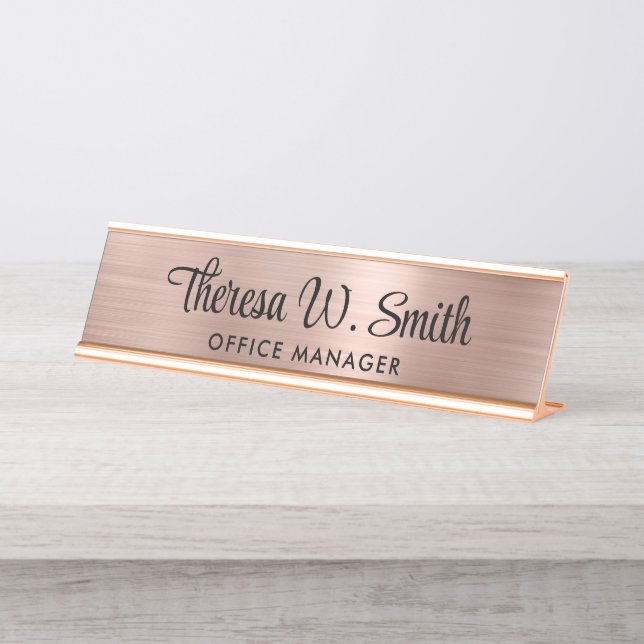 Elegantes Script Berufliche Rose Gold Schreibtischnamensplakette (Vorderseite )