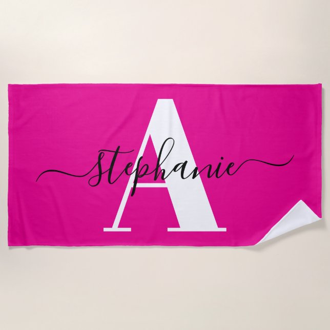 Elegantes Script Big Monogram Hot Pink Strandtuch (Vorderseite)