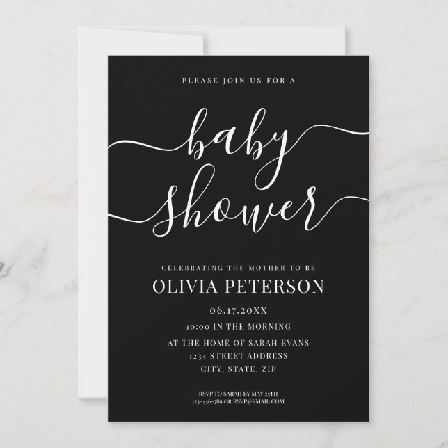 Elegantes Script Black and White Baby Shower Einladung (Vorderseite)