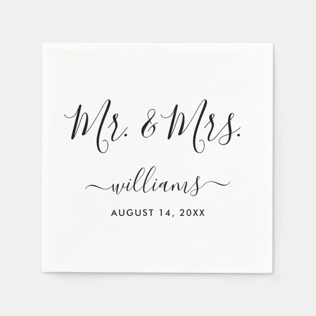 Elegantes Script Black and White Mr. and Mrs. Serviette (Vorderseite)