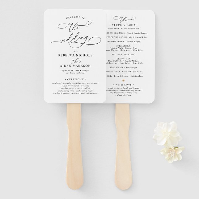 Elegantes Script Black and White Wedding Programm Fächer (Vorne und Hinten)