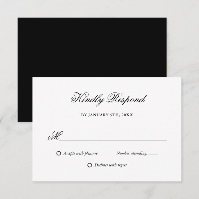 Elegantes Script Black and White Wedding RSVP Karte (Vorne/Hinten)