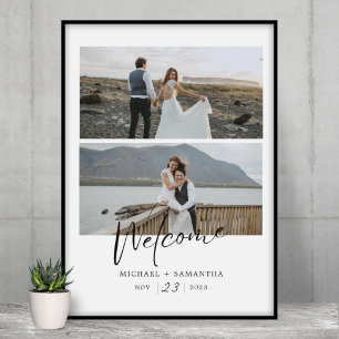 Elegantes Script Black and White Wedding Willkomme Poster