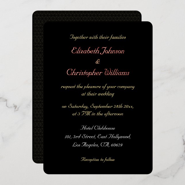 Elegantes Script Black Custom Wedding Rose Gold Folieneinladung (Vorderseite/Rückseite)