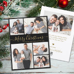 Elegantes Script Black Gold 5 Foto Weihnachten<br><div class="desc">Einfache moderne Elegante Kalligrafie Schwarz und Gold 5 Foto Collage Frohe Weihnachts Script Holiday Card. Dieses festliche, minimalistische, skurrile 5 (5) Foto Feiertagskarte Template verfügt über eine hübsche Gitter Foto Collage und sagt "Frohe Weihnachten"! Der "Frohe Weihnachten"-Grußtext ist in einer schönen Hand geschrieben Wirble Swash-Schwanz-Schriftart-Typ in Gold auf schwarzem Hintergrund....</div>