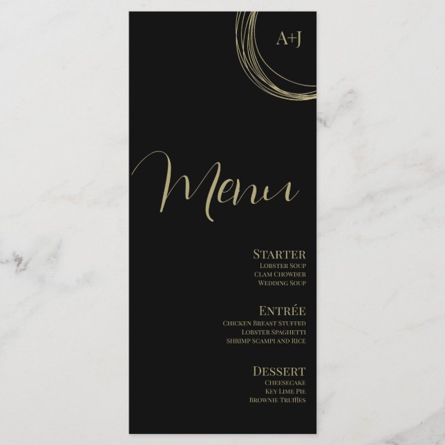 Elegantes Script Black Gold Circular Wedding Menu Menükarte (Vorderseite)