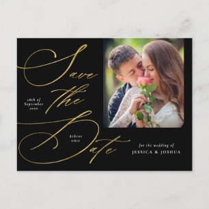 Elegantes Script Black & Gold Foto Save the Date Postkarte