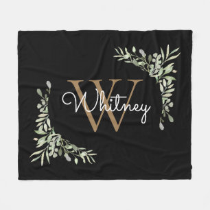 Elegantes Script Black Gold Monogram Greenery Fleecedecke
