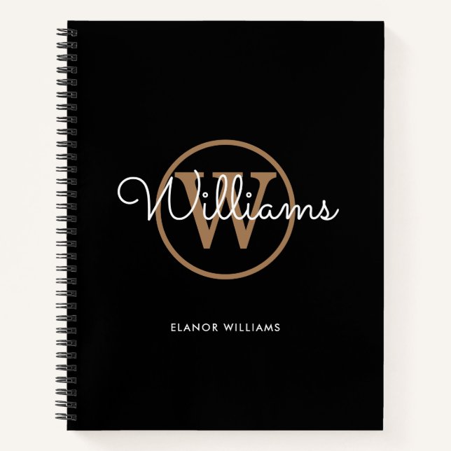 Elegantes Script Black Gold Monogram Name Notebook Notizbuch (Vorderseite)