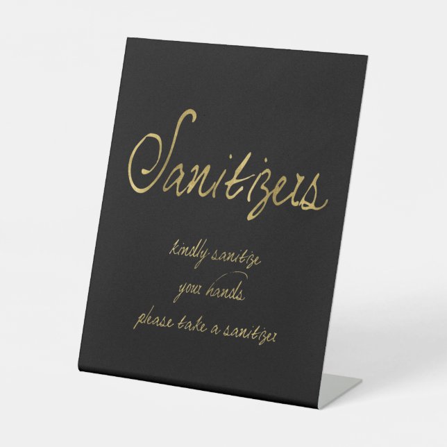 Elegantes Script Black Gold Sanitizers Hochzeit Sockelschild (Vorderseite)