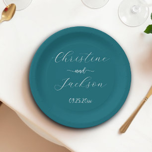 Elegantes Script Blue Aquamarin Wedding Pappteller