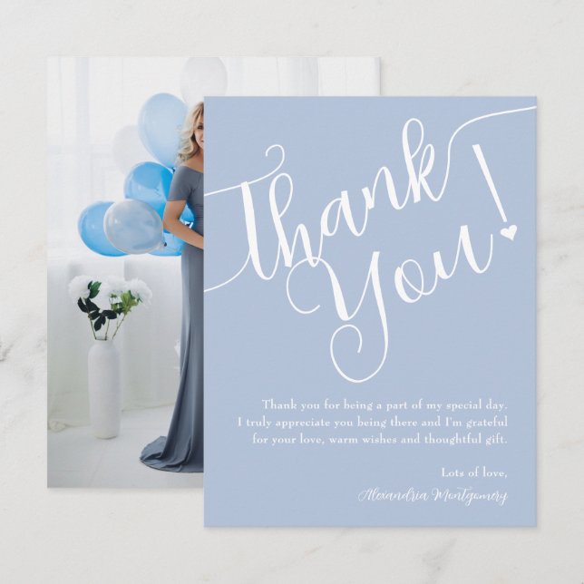 Elegantes Script Blue Boy Baby Shower Foto Dankeskarte (Vorne/Hinten)