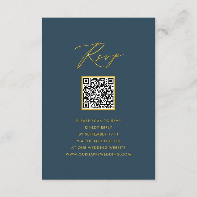 Elegantes Script Blue Minimalistisch QR Wedding RS Begleitkarte (Vorderseite)