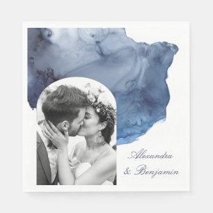 Elegantes Script Blue Watercolor Wedding Foto Serviette